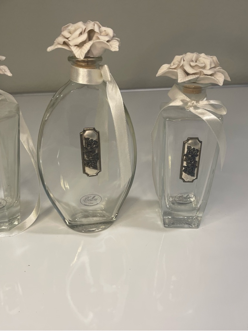 Cellini Collection Decorative Glass Jars with White Ceramic Flower Lids Set of 3